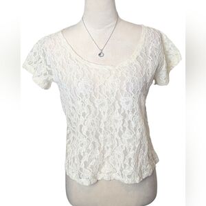 Vintage 90's/Y2K Made in USA Ivory Lace Top Coquette Romantic Sheer Floral